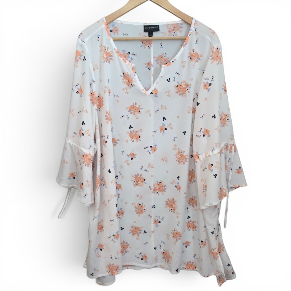 Lane Bryant Top Womens Plus 28 White Pink Floral Print Semi Sheer Blouse Casual - Picture 1 of 7